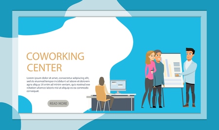Freelancer at Coworking Business Center Banner. Male Character Standing near Flip Board Making Presentation in Shared Workplace. Woman Working by Computer. Flat Cartoon Vector Illustrationのイラスト素材