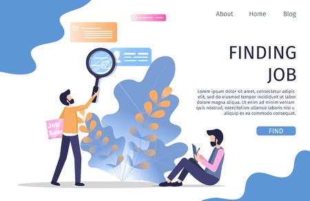 Man Character Finding Corporate Job Occupation. Online Recruitment Cv Profile Success. Hr Person Analysis Employer Resume. Internet Employment Banner Flat Cartoon Vector Character Illustrationのイラスト素材
