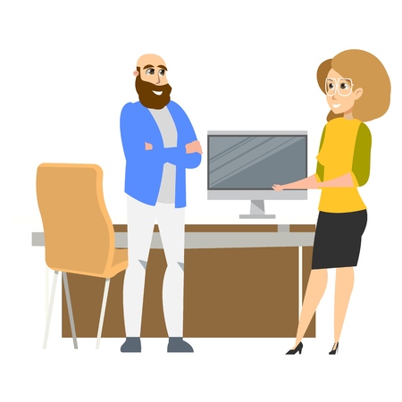 Freelance Business Character Standing at Workplace. Successful Female Office Clerk Wearing Glasses. Smiling Man Freelancer in Informal Outfit by Desk. Flat Cartoon Vector Illustrationのイラスト素材