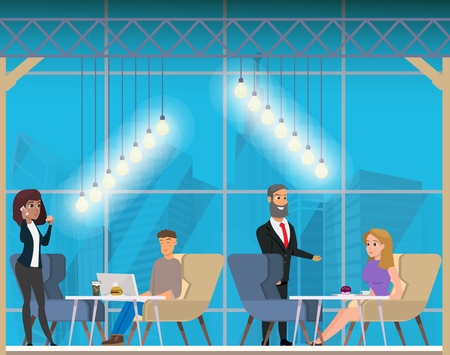 Freelancer in Creative Office Coworking Center. Shared Modern Workplace. University Campus. Character Talking and Working at Computer in Open Space. Flat Cartoon Vector Illustrationのイラスト素材