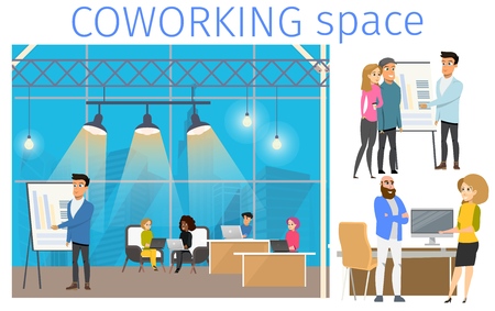Freelancer in Coworking Business Space Banner. Smiling Young Character Working by Laptop, Making Presentation, Talking, Meeting in Creative Open Freelance Area. Flat Cartoon Vector Illustrationのイラスト素材