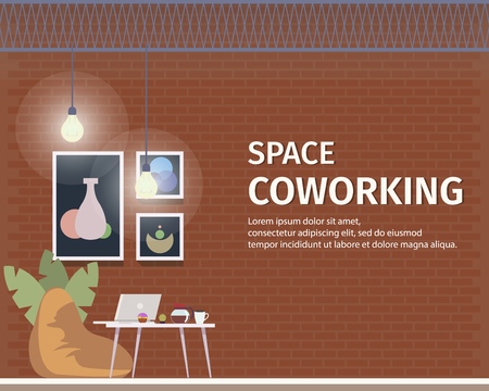 Creative Coworking Space for Freelancer. Open Space Cozy Office Interior Design. Trendy Shared Workplace for Freelance Business. Modern Studio for Work. Flat Cartoon Vector Illustrationのイラスト素材