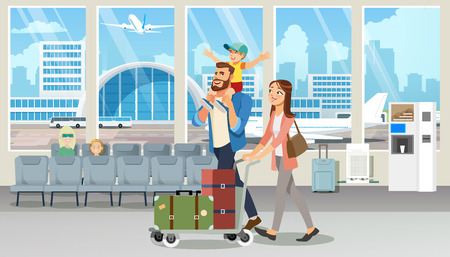 Young Family Vacation Flight Cartoon Vector with Happy Millennial Parents Carrying Baggage on Cart, Walking with Child in Airport Terminal Waiting Room Illustration. Boarding to Airplane Conceptのイラスト素材