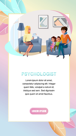 Psychologist Practice Cartoon Vector Vertical Web Banner. Mother Sitting in Armchair, Visiting Doctors Office with Kids Illustration. Children Upbringing Online Consultation Landing Page Templateのイラスト素材