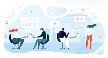 Lazy Company Employee Shirking of Work Flat Vector with Female and Male Office Workers Sitting at Work Desk, Working on Laptop While Two Colleagues Talking Illustration. Office Informal Communicationのイラスト素材