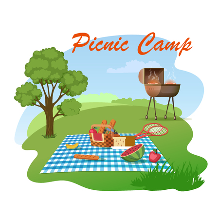 Picnic Camp Cartoon Vector Concept. Beautiful Green Meadow Landscape, Various Food and Snacks Lying in Wicker Basket on Checkered Plaid, Meat Cooking on Barbeque Grill Illustration. Outdoor Leisureのイラスト素材