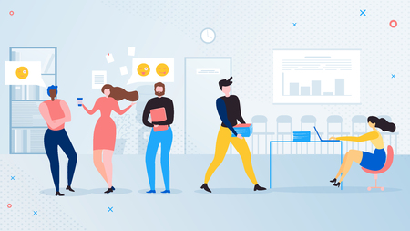 Office Workers Informal Communications Flat Vector Concept. Business Colleagues, Company Employee Talking in Office During Break Illustration. Shirking of Work, Lazy Workers, Chatters at Workplaceのイラスト素材