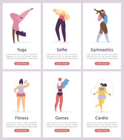 Womens Sports Classes Flat Vector Web Banners Set. Happy Lady Doing Physical Exercise, Dancing and Making Selfie Photo Illustration Isolated on White Background. Sport Club Landing Pages Collectionのイラスト素材