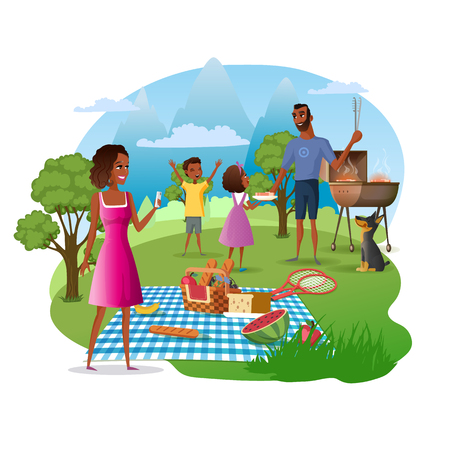 Family Picnic and Hike in Mountains Cartoon Vector Concept. African-American Father with Kids Cooking Meat on Barbeque Grill, Mother Taking Photos of Nature Illustration Isolated on White Backgroundのイラスト素材