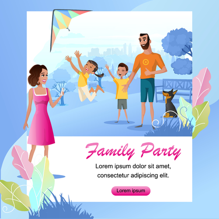 Family Party Cartoon Vector Square Web Banner with Happy Father and Mother Playing with Children, Launching Kite, Making Mobile Photos in City Park Illustration. Family Outdoor Summer Leisure Conceptのイラスト素材