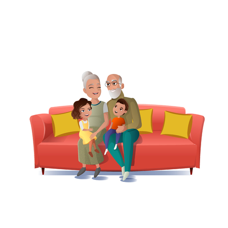 Senior Couple Playing, Having Fun with Kids Cartoon Vector Isolated on White Background. Happy Smiling Grandmother and Grandfather Sitting on Sofa with Boy and Girl Grandchildren on Knees Illustrationのイラスト素材