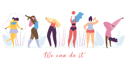 Women Positive Thinking and Healthy Lifestyle Flat Vector Motivational Banner with Happy Ladies Doing Fitness, Gymnastics Exercises, Dancing and Shooting Selfie Photo Illustration on White Backgroundのイラスト素材