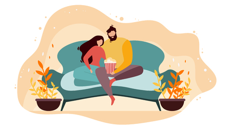 People Watching Movie or TV Show at Home Flat Vector. Couple Sitting on Comfortable Sofa or Couch in Living Room with Popcorn Bucket in Hand, Husband and Wife Spending Time Together Illustrationの写真素材