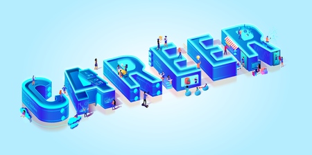 Isometric 3d Word Career. Creative Letters on Light Blue Gradient Background. Little People Search Job in Neon City Using Smart High Technology. Education, Shopping, Activity. Flat Vector Illustrationのイラスト素材
