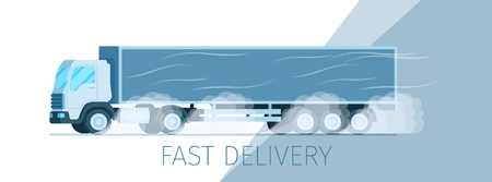 Grey Storage Delivery Truck Moving on Road Banner. Warehouse Fast Express Shipping Process. Side View of Supply Van Driving to Smoke from Under Wheel. Flat Cartoon Vector Illustrationのイラスト素材