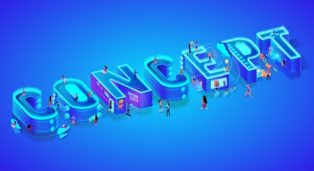Isometric 3d Word Concept. Miniature City Characters. Users with Gadgets, Smartphones and Devices. Virtual and Augmented Reality, Chat bot, Cloud Storage System. Ultramarine Neon Vector Illustration.のイラスト素材