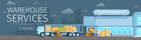Smart Warehouse Freight Delivery to Supermarket. Fast Shipping Storage Service. Cargo Truck Delivering Package and Goods from Storehouse to City Mall. Flat Cartoon Vector Illustrationのイラスト素材