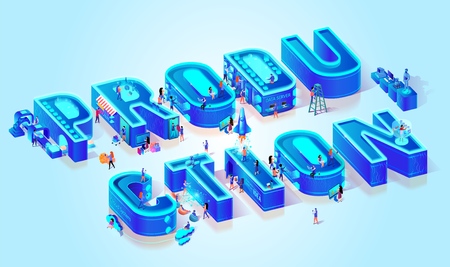 3d Neon Isometric Word Production on Light Blue Gradient Background. Tiny People Moving Among Big Letters, Use New Tech, Data Server and Devices in Life for Shopping, Online Education, Work.の写真素材