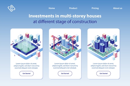 Multi-storey Houses Construction Investment Project Isometric Vector Vertical Web Banners Set. City Apartment and Condominium Complex Advertising Banners. Real Estate Company Landing Pages Collectionのイラスト素材
