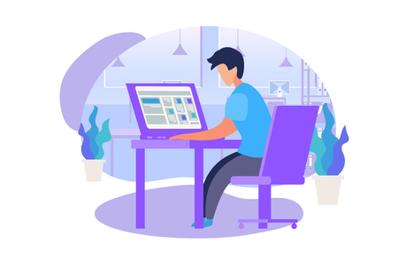 Student Character Sitting at Table with Laptop and Studying at Home. Domestic Interior Background. University, College Infographics. Online Learning. Purple and Blue Colors. Flat Vector Illustration.のイラスト素材
