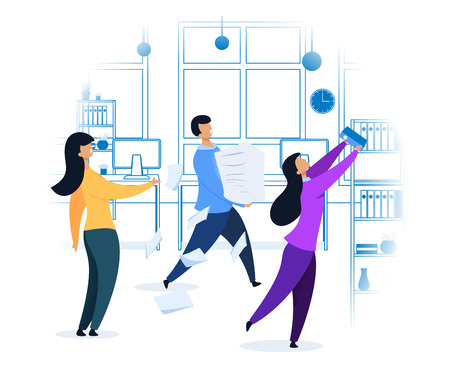 Work Rush, Office Chaos, Flat Vector Illustration. Busy Workers Fussing at Workplace. Colleagues Teamwork Concept. Workday, Shift, Daily Routine. Job Deadline. Linear Office Interior Drawingのイラスト素材
