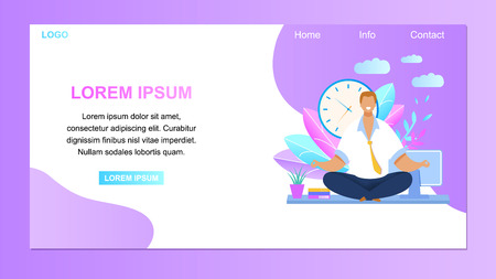 Office Worker Meditating Vector Website Banner. Relaxed Businessman at Workplace. Calm, Smiling Employee Taking Break During Workday. Man in Yoga Lotus Position Flat Cartoon Landing Pageのイラスト素材