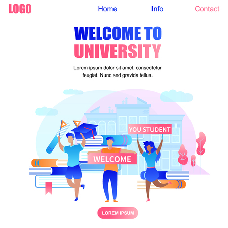 Welcome to University Square Banner with Happy Cartoon Students Meeting Beginners Holding Large Banners with Inscription Welcome You Student. Institute Building Background. Flat Vector Illustrationのイラスト素材