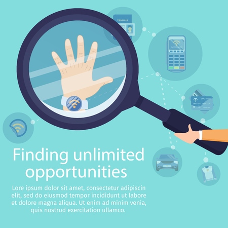 Finding Unlimited Opportunities with NFC Technology Flat Vector Banner. Near Field Communication Services. Human Hand Holding Magnifying Glass, Magnifying Smart Watches with NFC Chip Illustrationのイラスト素材