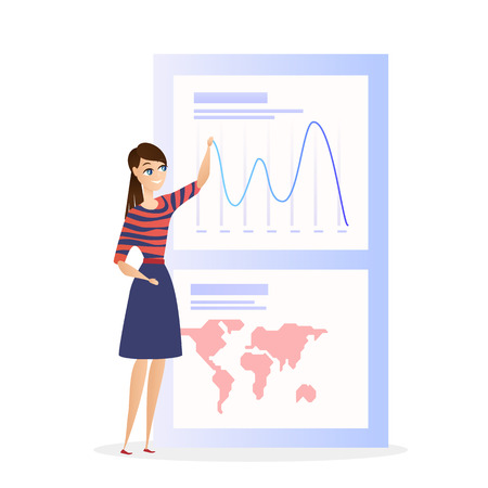 Global Data Analysis Grath Businesswoman Character. Business Woman Show Worldwide Finance Growth Chart. Digital Marketing Presentation. Banking Economic Budget Concept Flat Cartoon Illustrationのイラスト素材