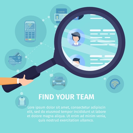 Find Your Team Flat Vector Square Advertising Banner. Job Search Service, Recruiting Company Promo Poster Template. Human Hand Holding Magnifying Glass, Magnifying Job Applicants Resume Illustrationのイラスト素材