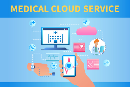 Banner Illustration Medical Cloud Service System. Vector Image Data Transfer from Patient Bracelet. Clinic Receives Patient Health Data Computer. Doctor Online Monitors Heart Person. Heart Radiogramのイラスト素材