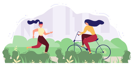 Modern people outdoor activity flat vector concept. Women riding bicycle and running in park or square illustration. Doing fitness exercises outside, leading healthy lifestyle, summer leisure and funのイラスト素材