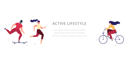 Active Lifestyle and Physical Activity Flat Vector Web Banner or Landing Page Template with People Going Sports, Running, Ride Bicycle and Skateboarding Illustration Isolated on White Backgroundのイラスト素材