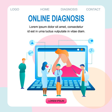Illustration Online Diagnosis Patient Diagnostics. Banner Vector Group Doctor Standing in Front Laptop Screen, Prescribing Medical Treatment for Male Patient. Meeting Specialist. Definition Disease.のイラスト素材