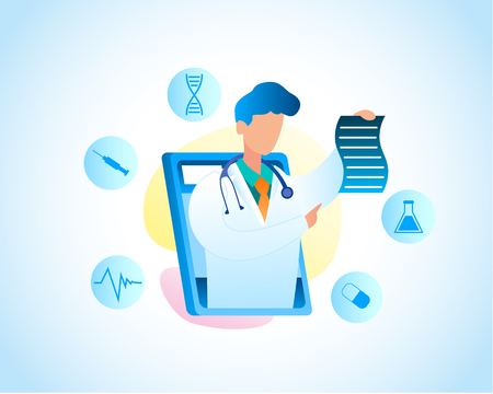 Illustration Using Tablet Consultation with Doctor. Vector Image Man White Medical Gown with Monitor Screen Tablet Holds Prescription for Treating Disease. Online Consultation, Medical Pediatricianのイラスト素材