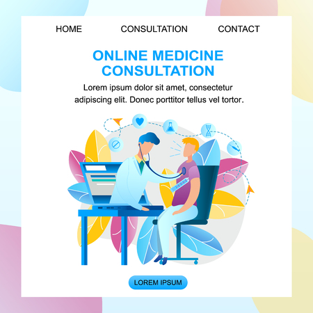Illustration Online Medicine Consultation Doctor. Banner Vector Male Pediatrician Examines Patient with Laptop Monitor Screen. Guy Sitting Table Measures Temperature Body Thermometer. Pill, Syringeのイラスト素材