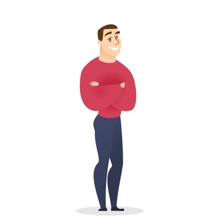 Young Handsome Dark Haired Man Cartoon Character in Red Shirt and Blue Jeance Standing Up Straight with Crossed Arms on Chest Front View. Flat Style Vector Illustration Isolated on White Background.のイラスト素材
