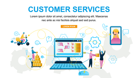 Vector Illustration Customer Service Online Store. Horizontal Banner Image Monitor Computer Web Site. Girl Telephone Consultation, Man Delivers Customer, Order Delivers, Loader Packs Goods Deliveryのイラスト素材