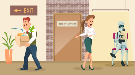 Choose Robot for New Work. Upset Dismissed Man. Job Interview at Office Door. Artificial Intelligence Sit Hold Resume. Manager Ask Bot. Fired Human with Stuff Box. Flat Cartoon Vector Illustrationのイラスト素材