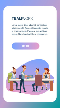 Creative Business Team Meeting ot Office Workplace. Teamwork at Conference Table. Freelancer Sit have Discussion. Young Trendy Worker Character Work by Laptop. Cartoon Flat Vector Illustrationのイラスト素材