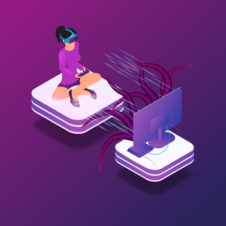 Isometric Image Gaming in Virtual Reality in 3d. Vector Illustration Girl Playing Video Game TV Using Virtual Reality Glasses. Fighting Monster with Help Game Joystick. Future Entertainment Industryのイラスト素材