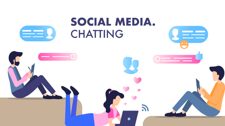 Young Man Woman Sit Lay Use Smartphone Chatting. Friend Character Read News and Write Message. Social Media Communication on Modern Laptop Smart Phone Device. Flat Cartoon Vector Illustrationのイラスト素材