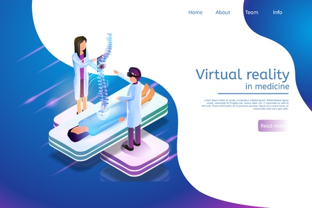 Isometric Banner Virtual Reality in Medicine 3d. Vector Illustration Group Doctor Studying Problems Spine Patient. Male Doctor Uses Virtual Reality Glasses Detailed Diagnosis Projection Spineのイラスト素材