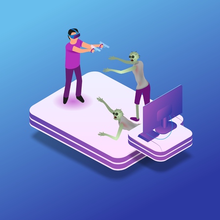 Isometric Gaming Experience in Virtual Reality. Vector Illustration Guy Play Video Game Using Virtual Reality Glasses. Fighting Zombie with Help Virtual Weapons. Future Entertainment Industryのイラスト素材
