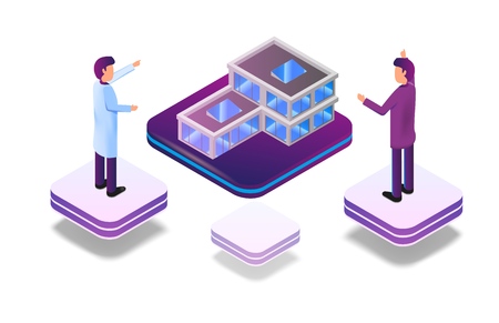 Isometric Augmented Virtual Reality for Architect. Vector Illustration Two Men are Designing Small House Structure. Group Architect Engineers Use virtual projection building to Work Projectのイラスト素材