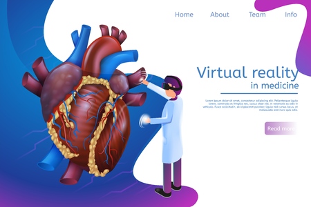 Isometric Banner Virtual Reality in Medicine in 3d. Vector Illustration Doctor Using Virtual Reality Glasses Studying Heart Disease Diagnosis. Projection Human Heart Detailed Examination Disease.のイラスト素材