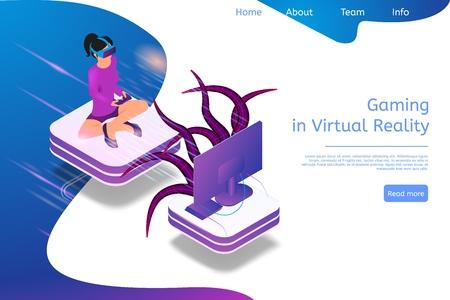 Isometric Banner Gaming in Virtual Reality in 3d. Vector Illustration Girl Playing Video Game TV Using Virtual Reality Glasses. Fighting Monster with Help Game Joystick. Future Entertainment Industryのイラスト素材