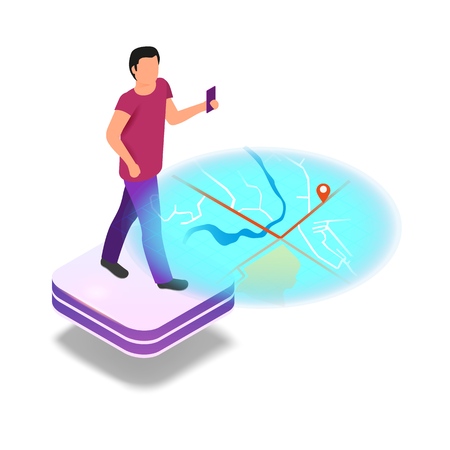 Isometric Image Programming in Augmented Reality. Vector Illustration Walking Guy Holding his Hand Mobile Phone for Navigation City. Path Destination Location. Online City Map. Unfamiliar Guideのイラスト素材