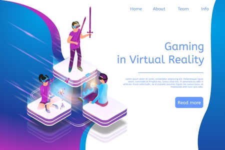 Isometric Banner Gaming in Virtual Reality in 3d. Illustration People Play Video Game Using Virtual Reality Glasses. Technology Future Entertainment Industry. Guy Hold Sword, Girl Uses Joystick Playのイラスト素材