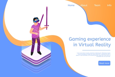 Isometric Gaming Experience in Virtual Reality. Vector Banner Illustration Guy Playing Video Game Using Virtual Reality Glasses. Hologram Projection Virtual Sword. Future Entertainment Industryのイラスト素材
